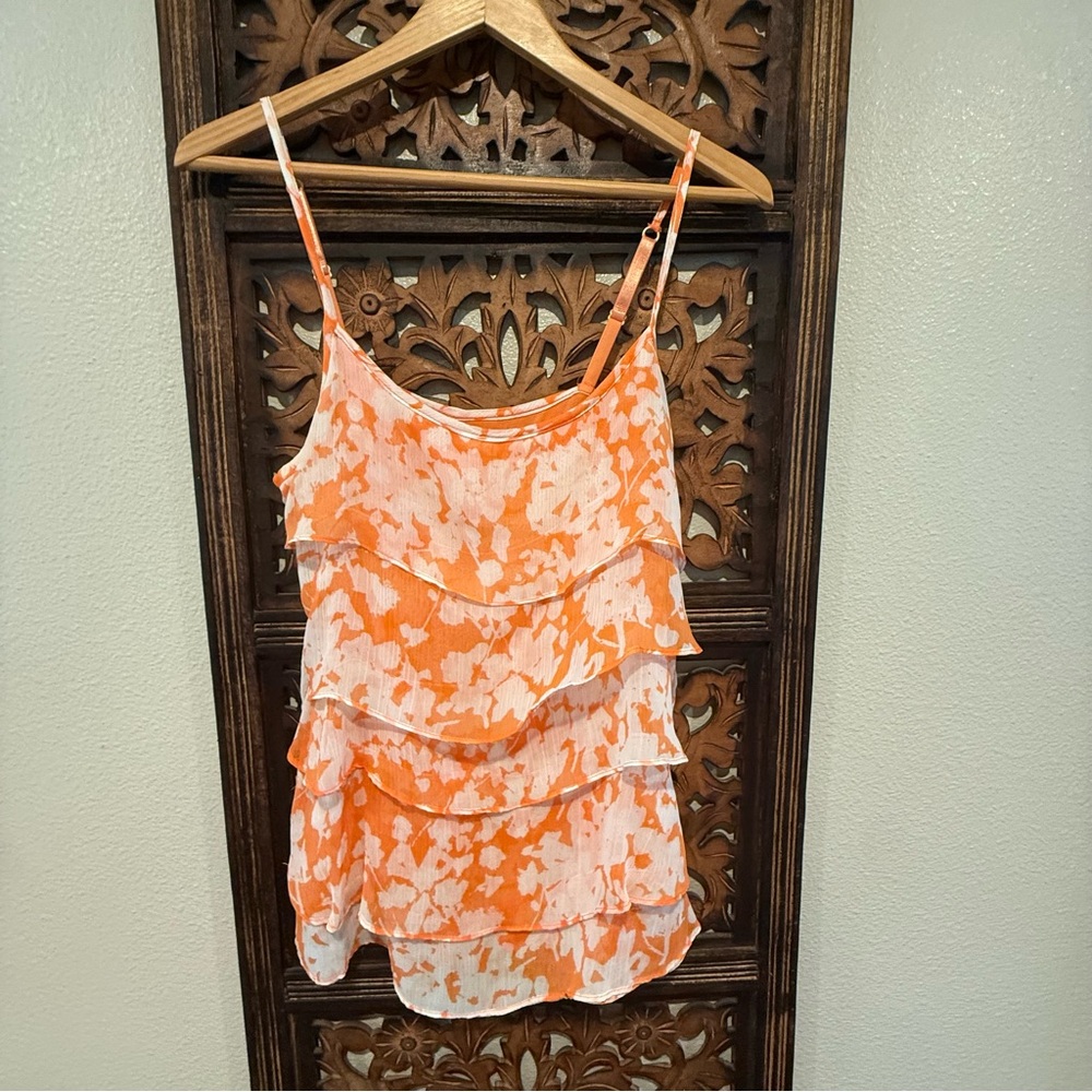 New York & Company Orange and White Floral Ruffle Camisole